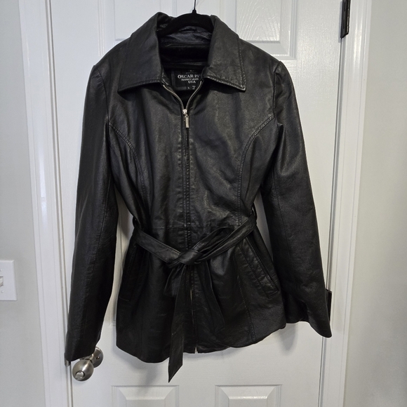 Oscar Piel Women's Belted Leather Short Trench Coat Size Large - Picture 9 of 16
